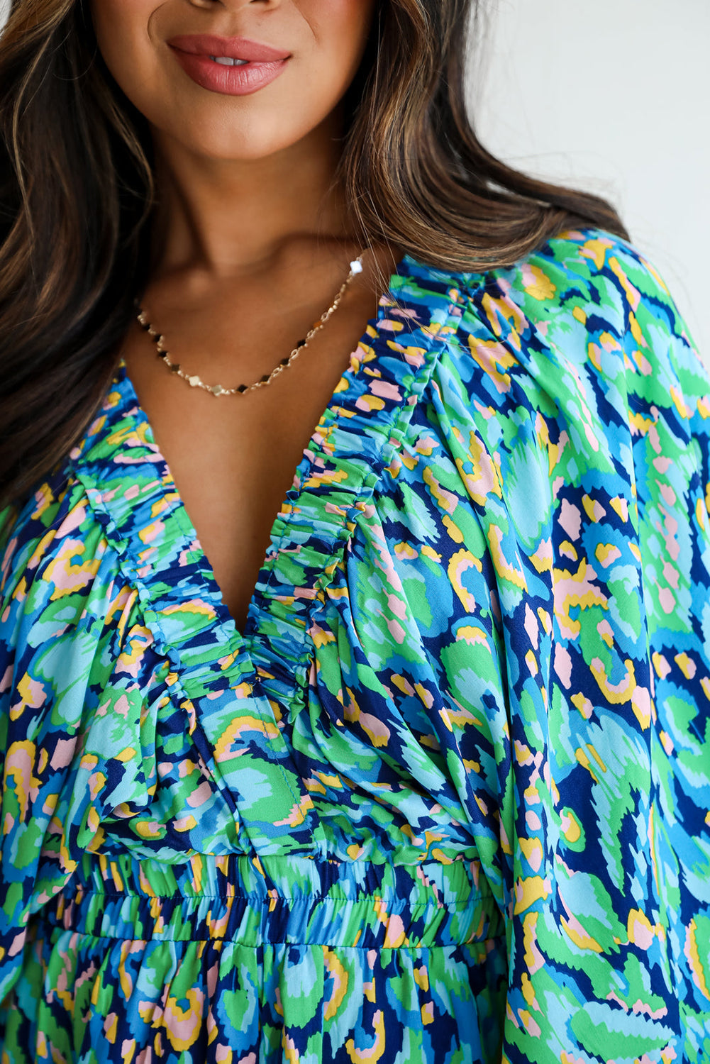 Green Abstract Print Batwing Sleeve V Neck High Waist Romper