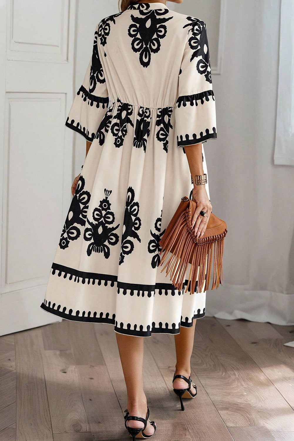 Beige Ethnic Geometric Print 3/4 Sleeve Loose Midi Dress