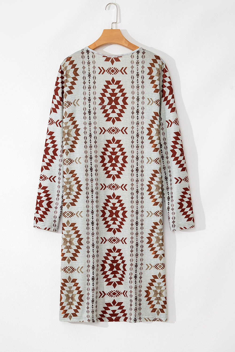 Brown Geometric Printed Open Front Long Cardigan