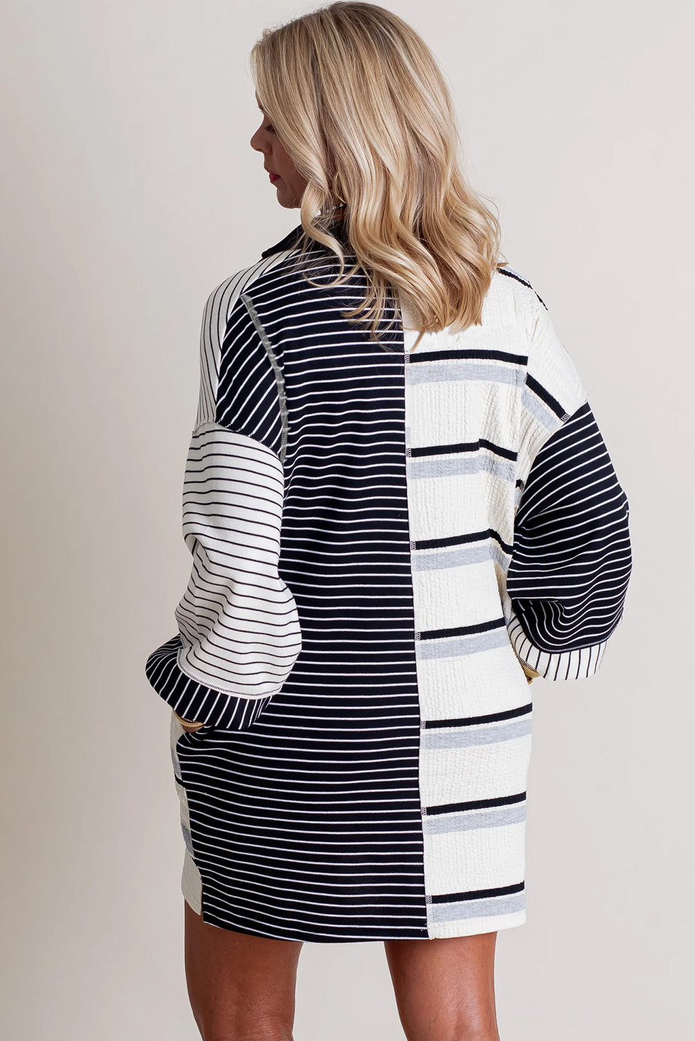 Black Stripe Colorblock Long Sleeve Collar Half Buttons Mini Dress