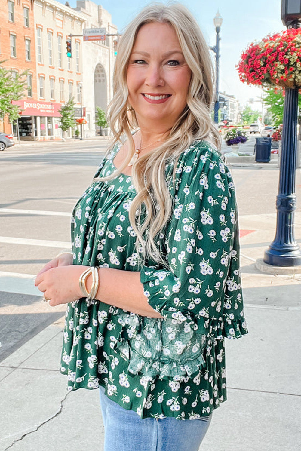 Green Floral Print Square Neck Ruffle Trim Plus Size Blouse