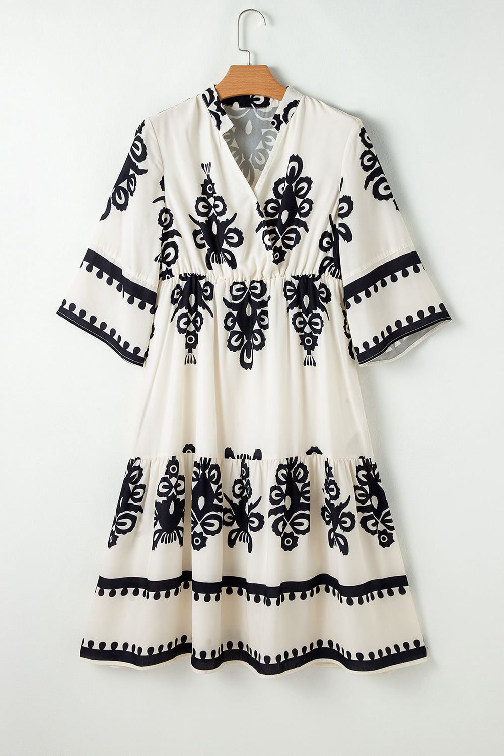 Beige Ethnic Geometric Print 3/4 Sleeve Loose Midi Dress