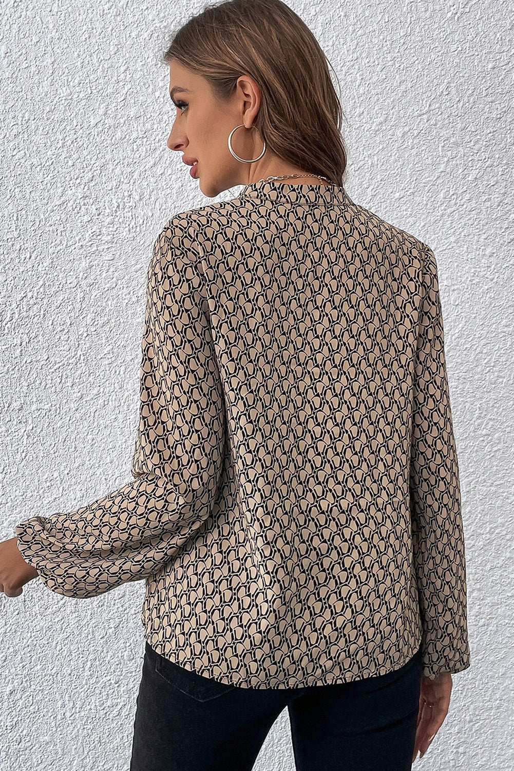 Green Geometric Print Notched Neck Long Sleeve Blouse