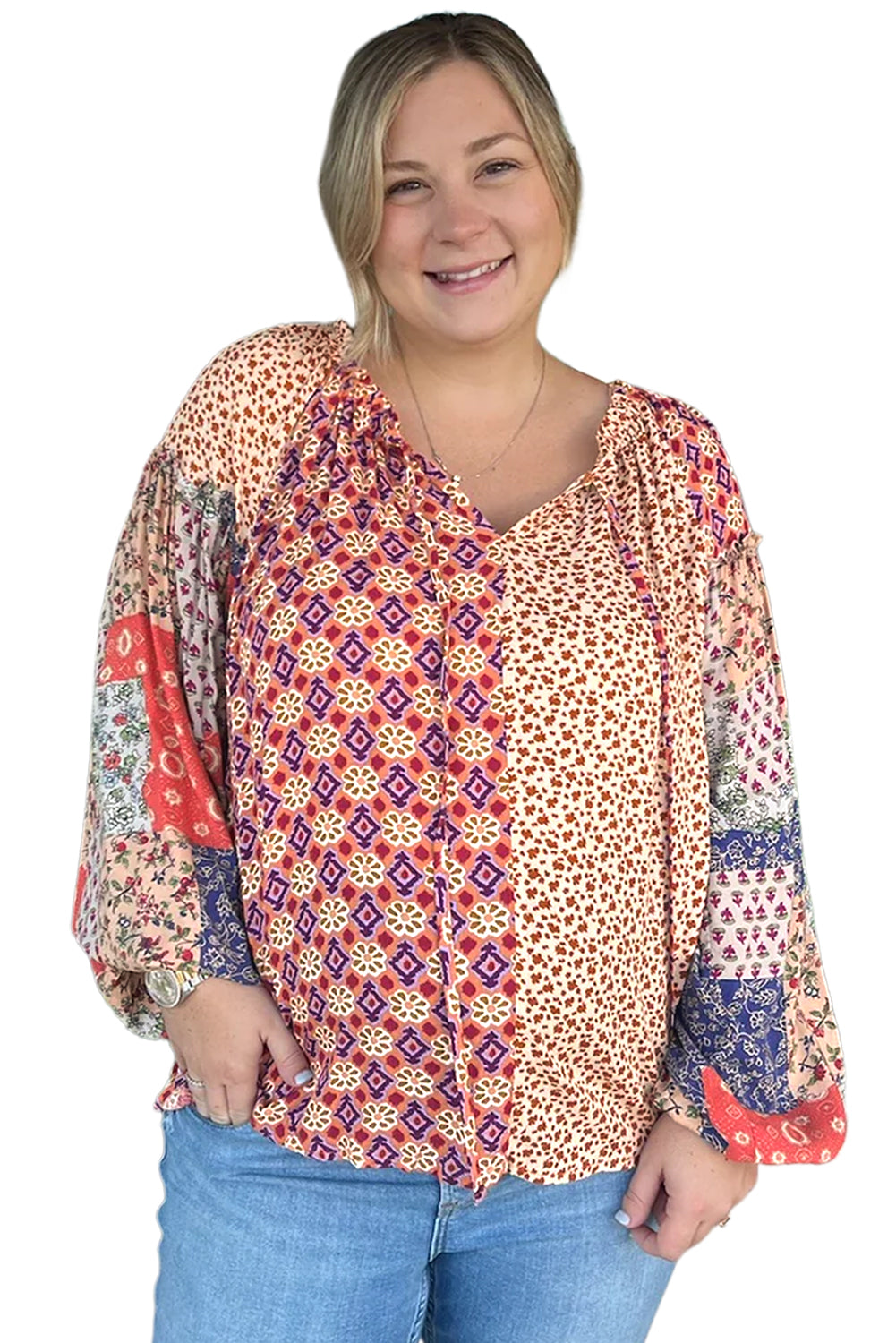 Orange Floral Geometric Patchwork Lace-up Plus Size Blouse