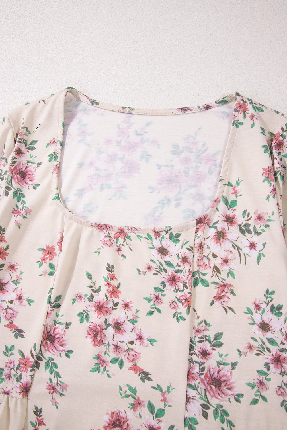 Pink Floral Print Pleated U Neck Loose Fit Blouse