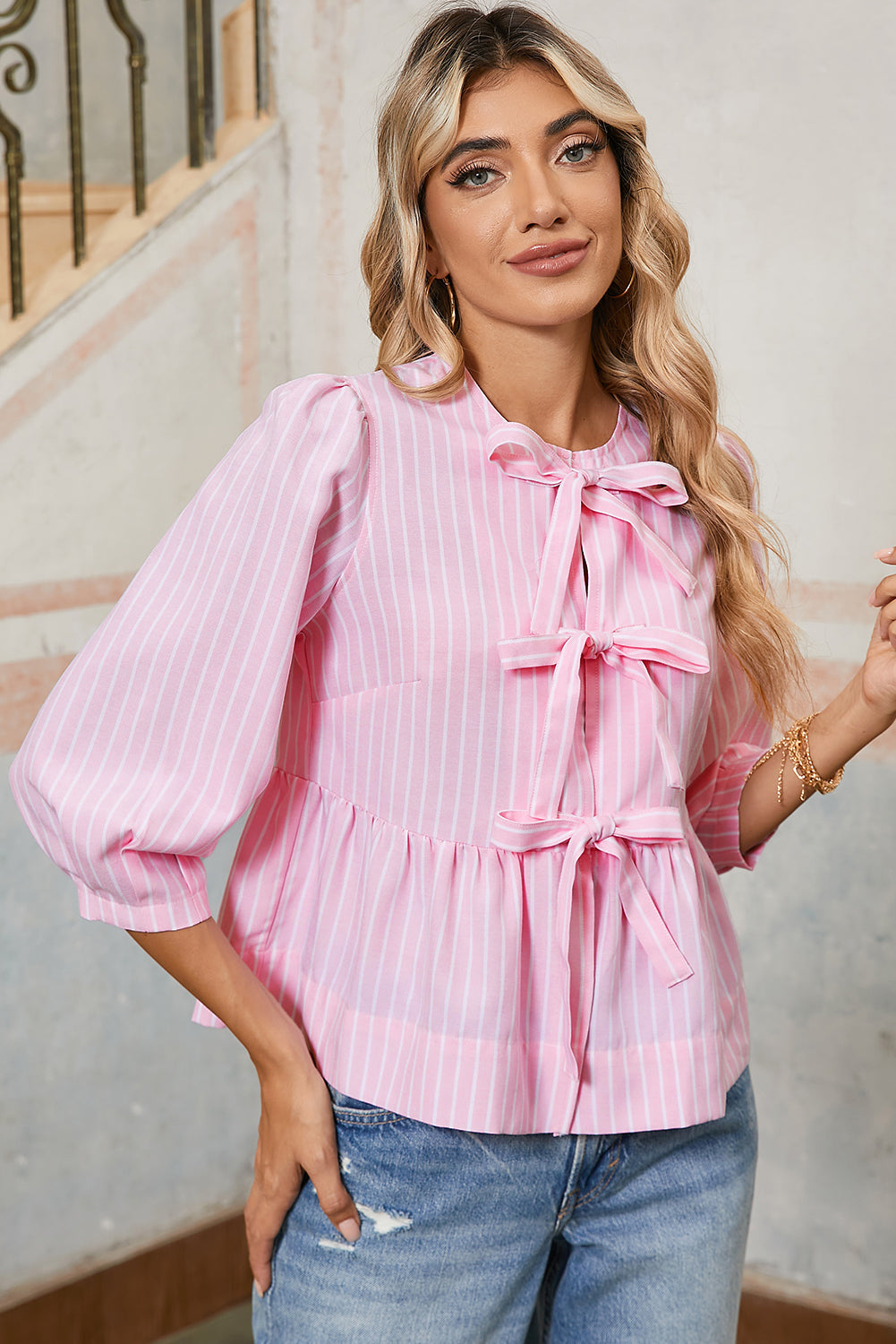 Pink Striped Print Sweet Bow Tie Blouse