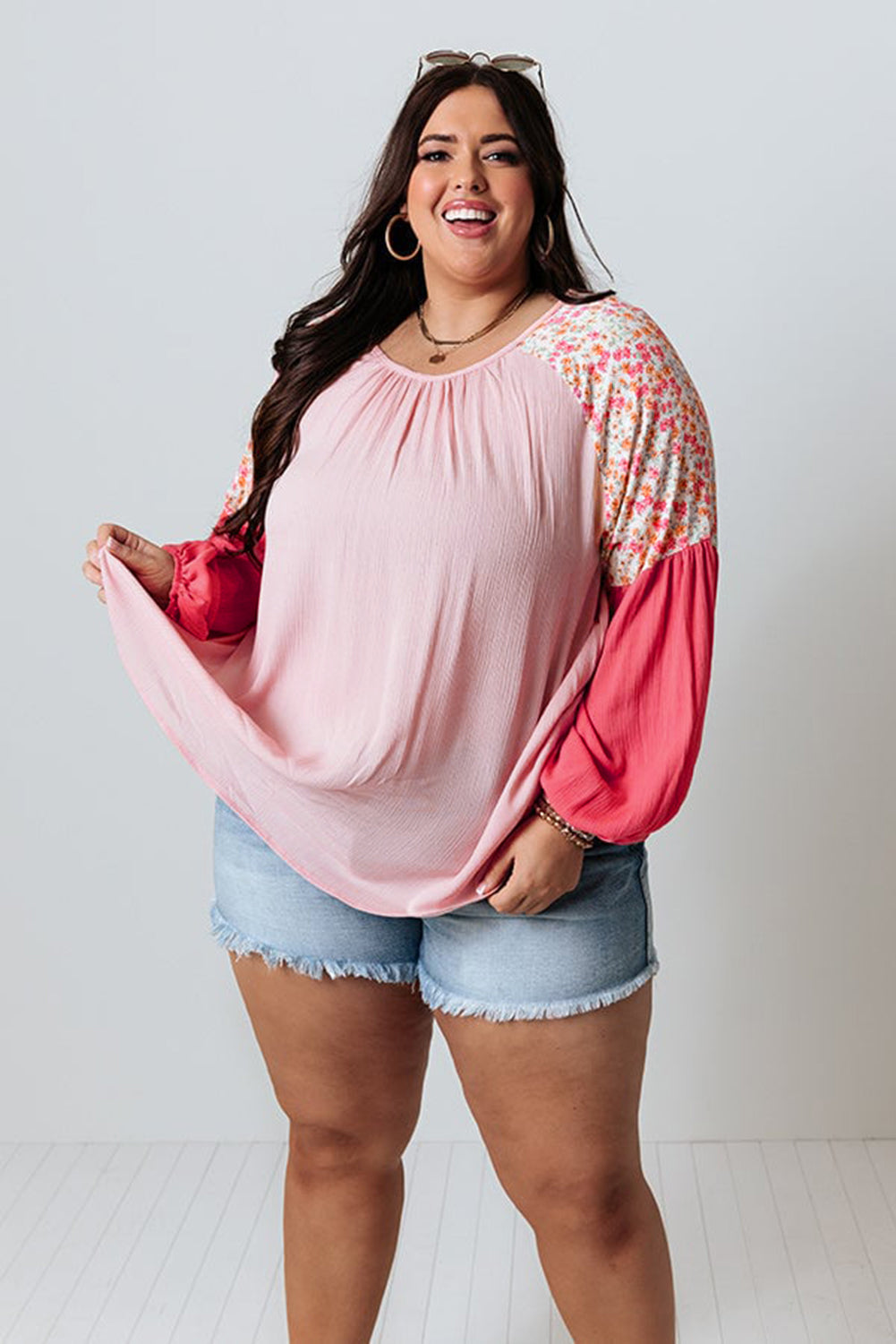 Pink Floral Patchwork Long Sleeve Crinkle Plus Size Blouse