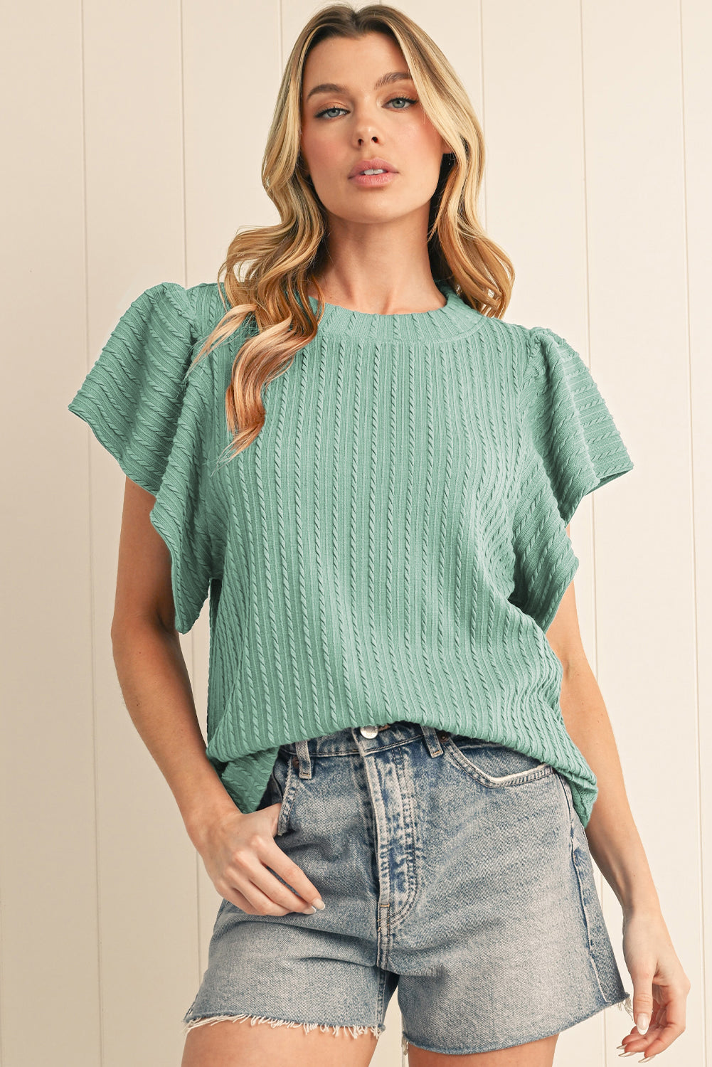 Moonlight Jade Solid Color Textured Ruffle Short Sleeve Knit Top