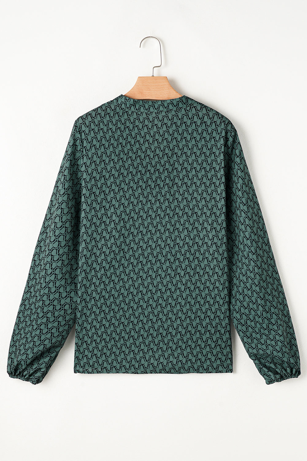 Green Geometric Print Notched Neck Long Sleeve Blouse