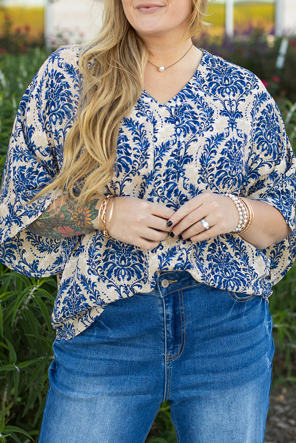 Blue Ethnic Print 3/4 Sleeve V Neck Plus Size Blouse