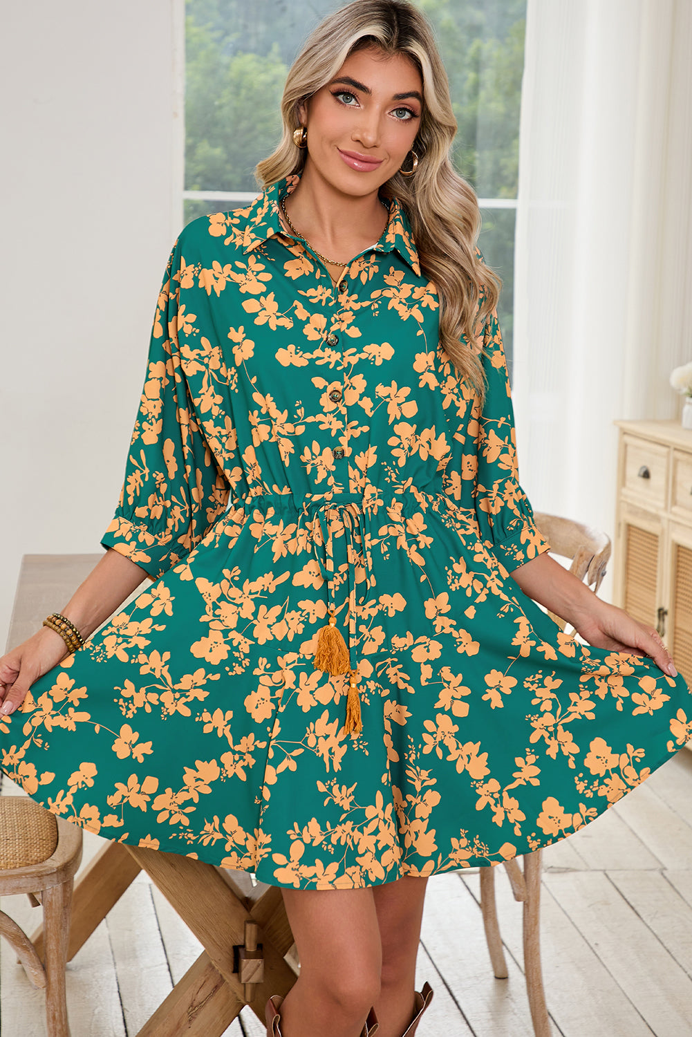 Green Floral Print Drawstring Flowy Short Dress