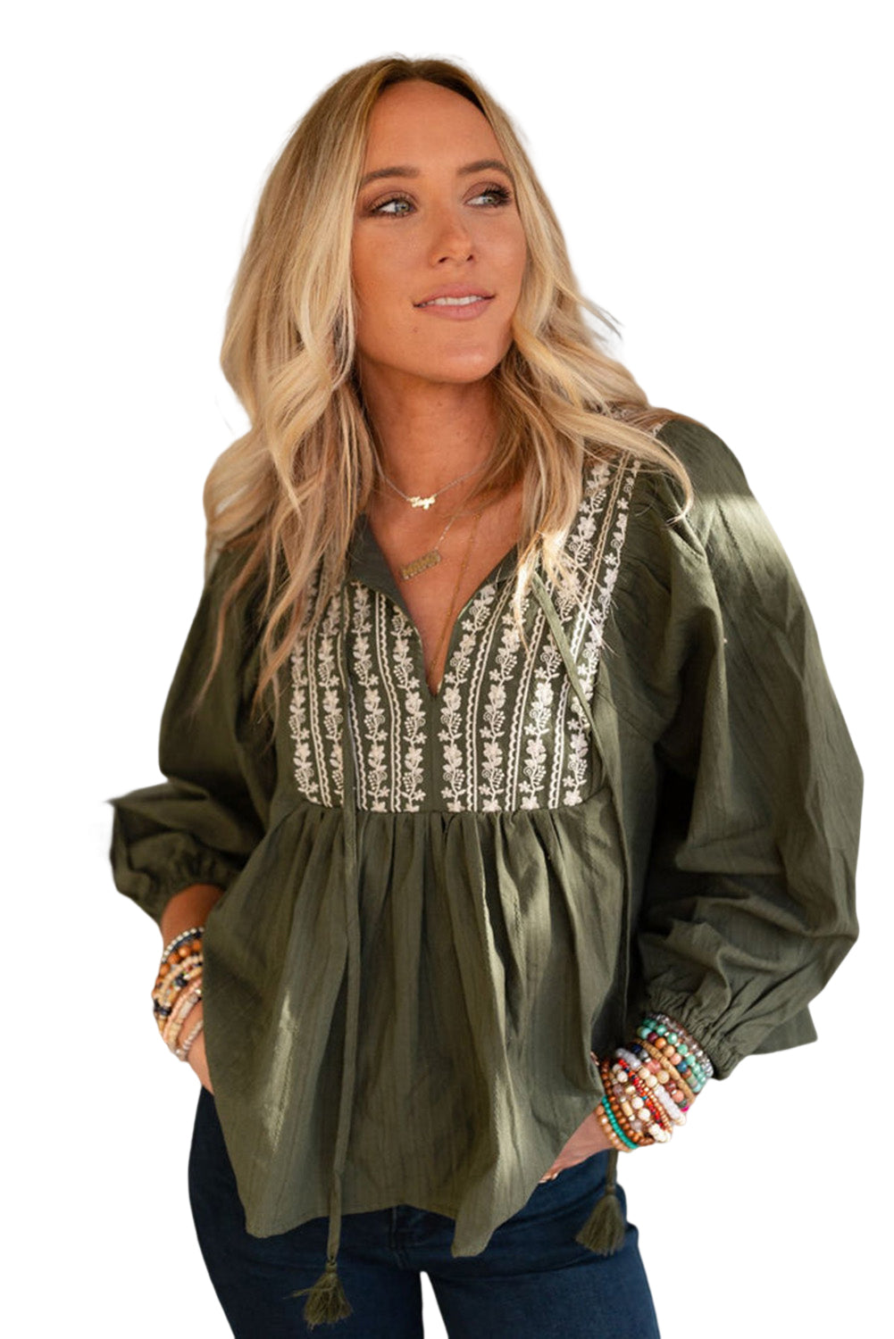 Green Embroidered Split Neck Pleated Loose Blouse