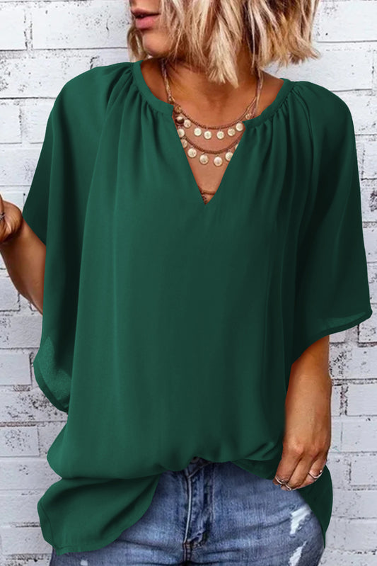 Green Casual Split Neck Pleated Loose Blouse