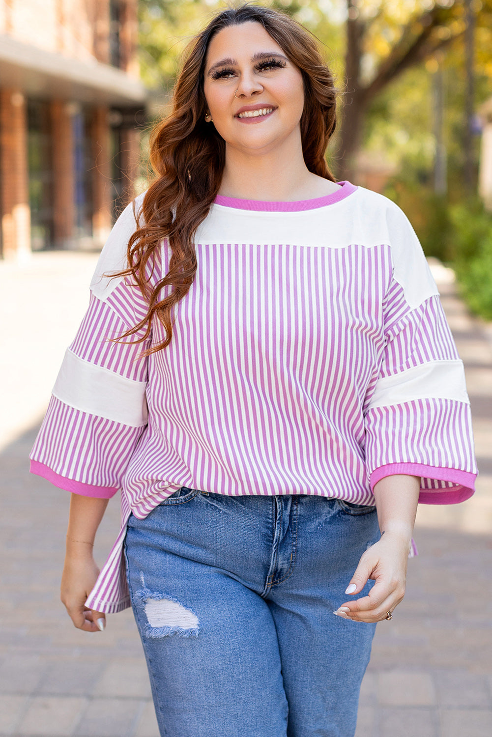 White Stripe Patchwork Bracelet Sleeve Plus Size T Shirt