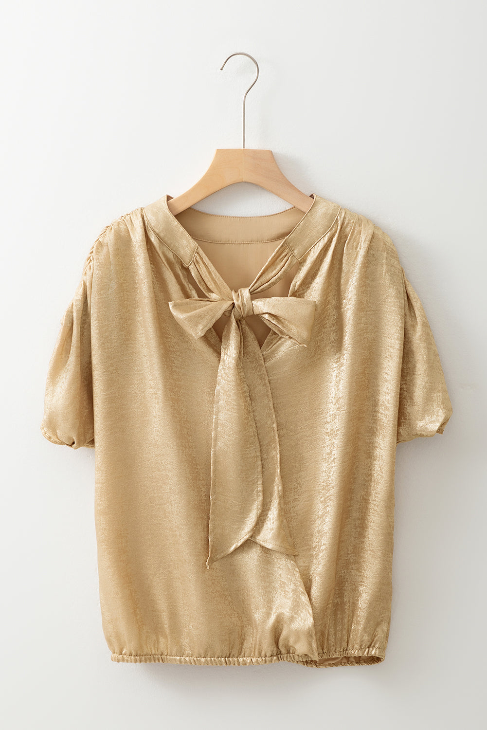 Gold Knot Back Casual Ruched Sleeve Blouse