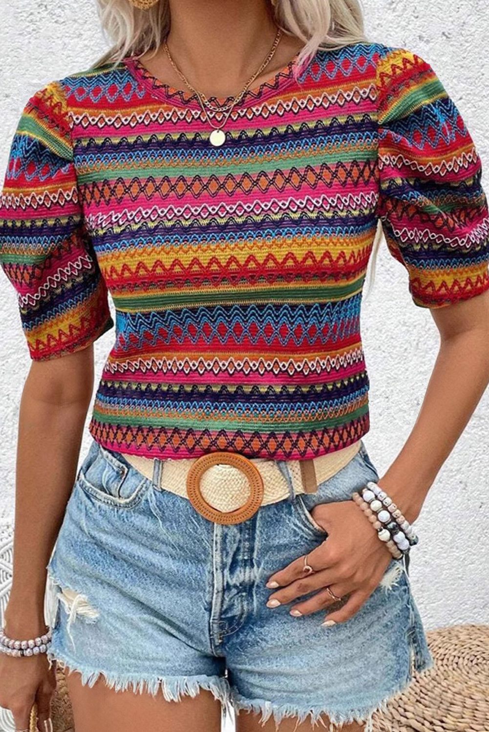 Multicolour Boho Geometric Print Puff Sleeve Knitted Top