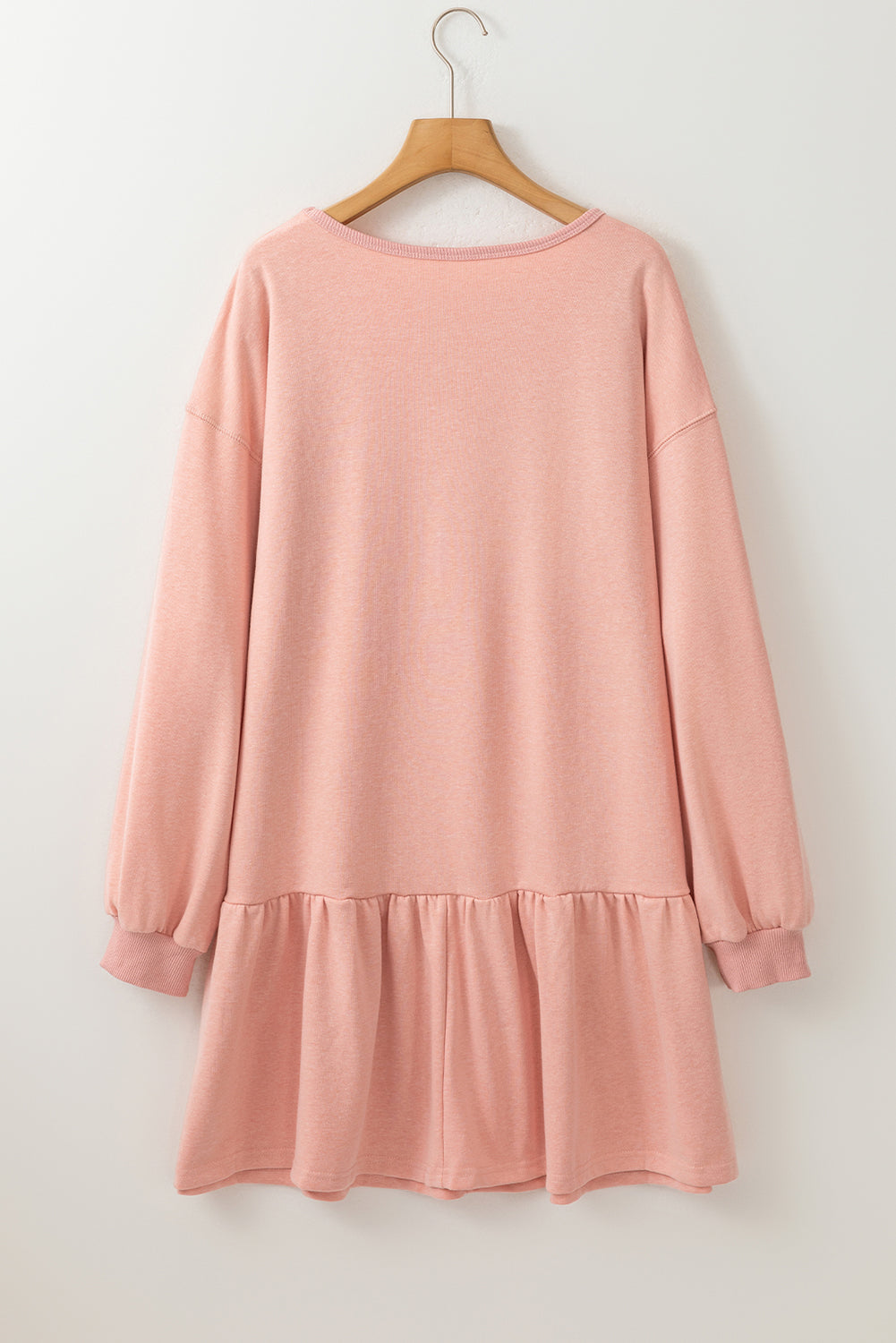 Dusty Pink Shimmer Heart Graphic Long Sleeve Ruffle Hem Dress