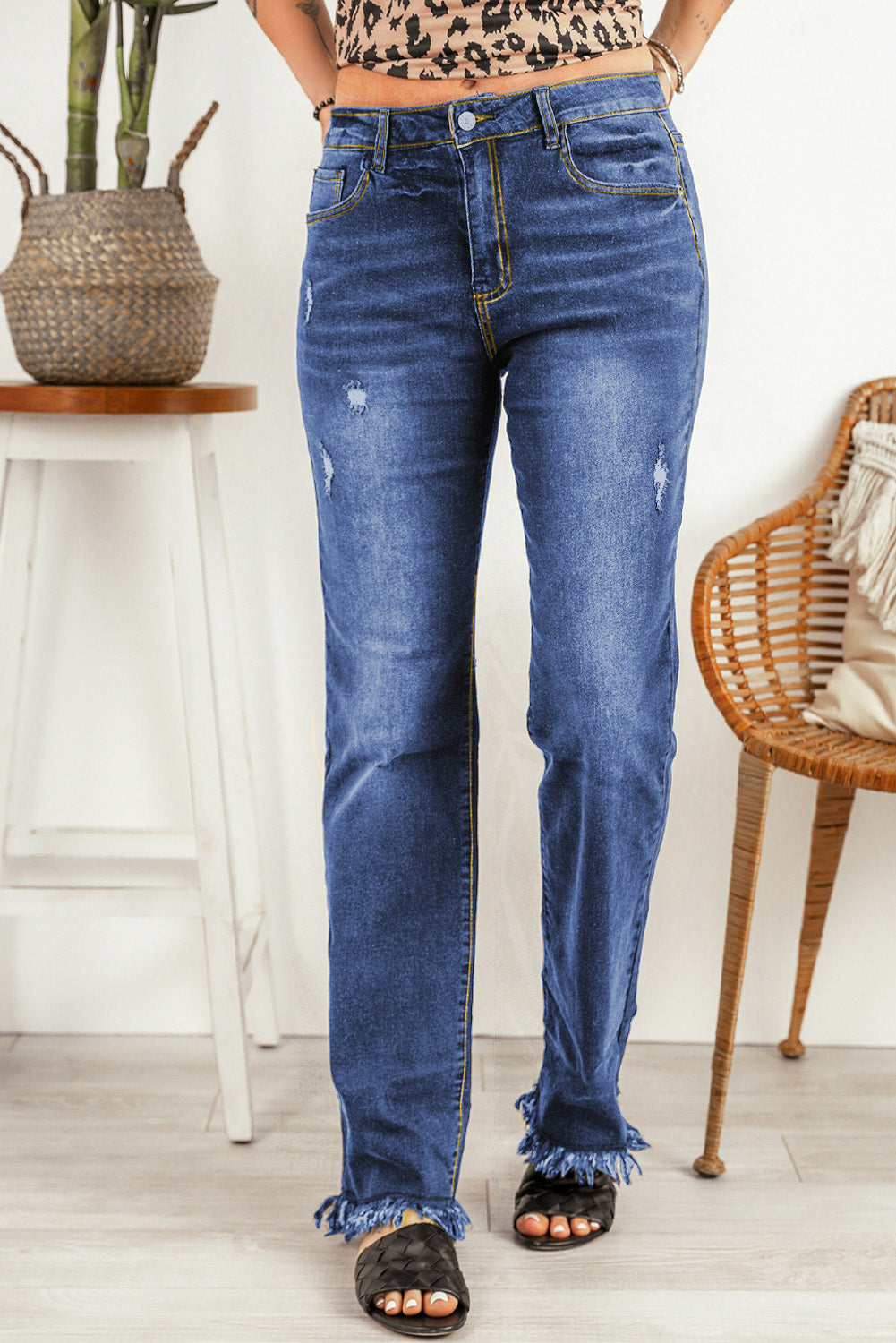 Blue Raw Hem High Waist Straight Leg Jeans