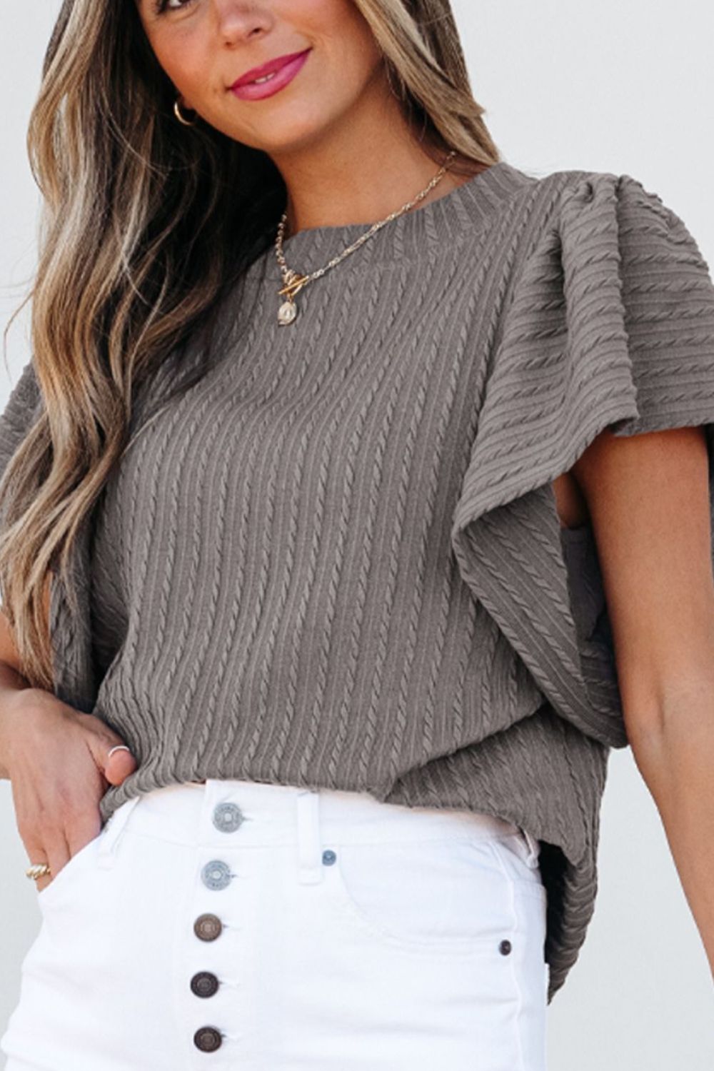 Textured Round Neck Flounce Sleeve Blouse