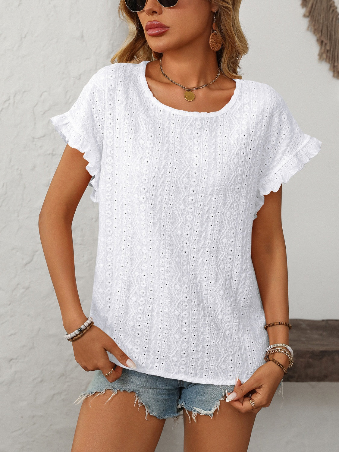 Mandy Eyelet Round Neck Short Sleeve Top