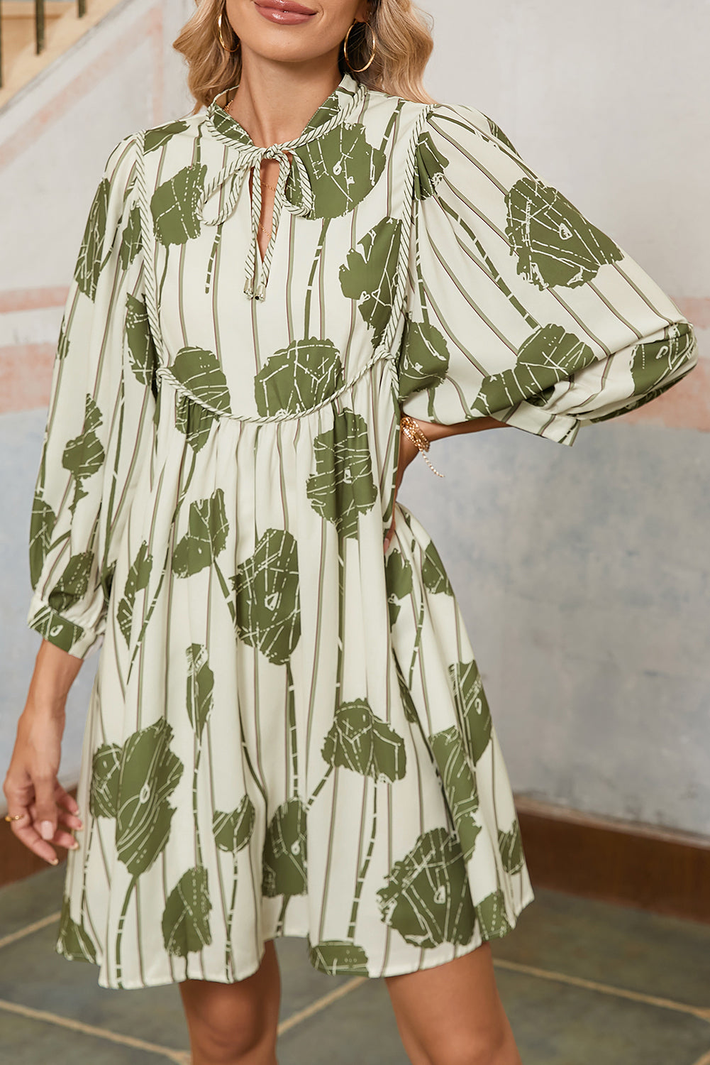 Guacamole Green Abstract Print Striped V-Neck Mini Dress