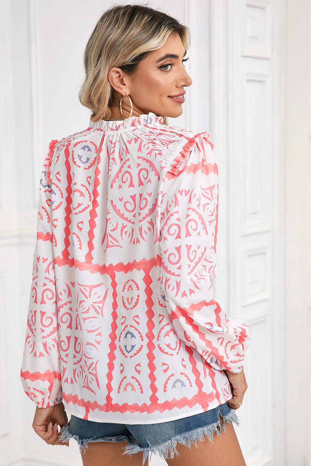 Abstract Print V Neck Smocked Long Sleeve Blouse