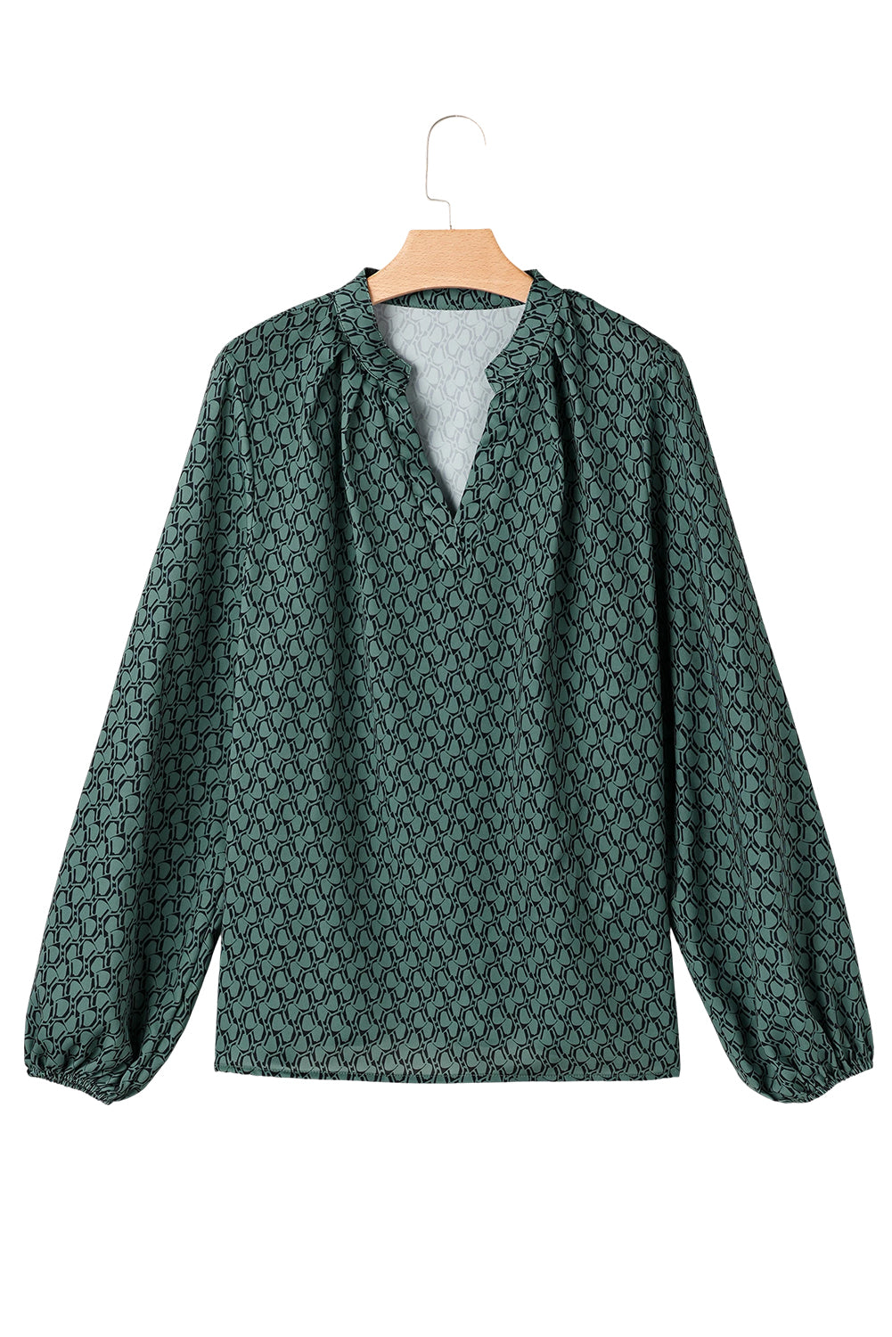 Green Geometric Print Notched Neck Long Sleeve Blouse