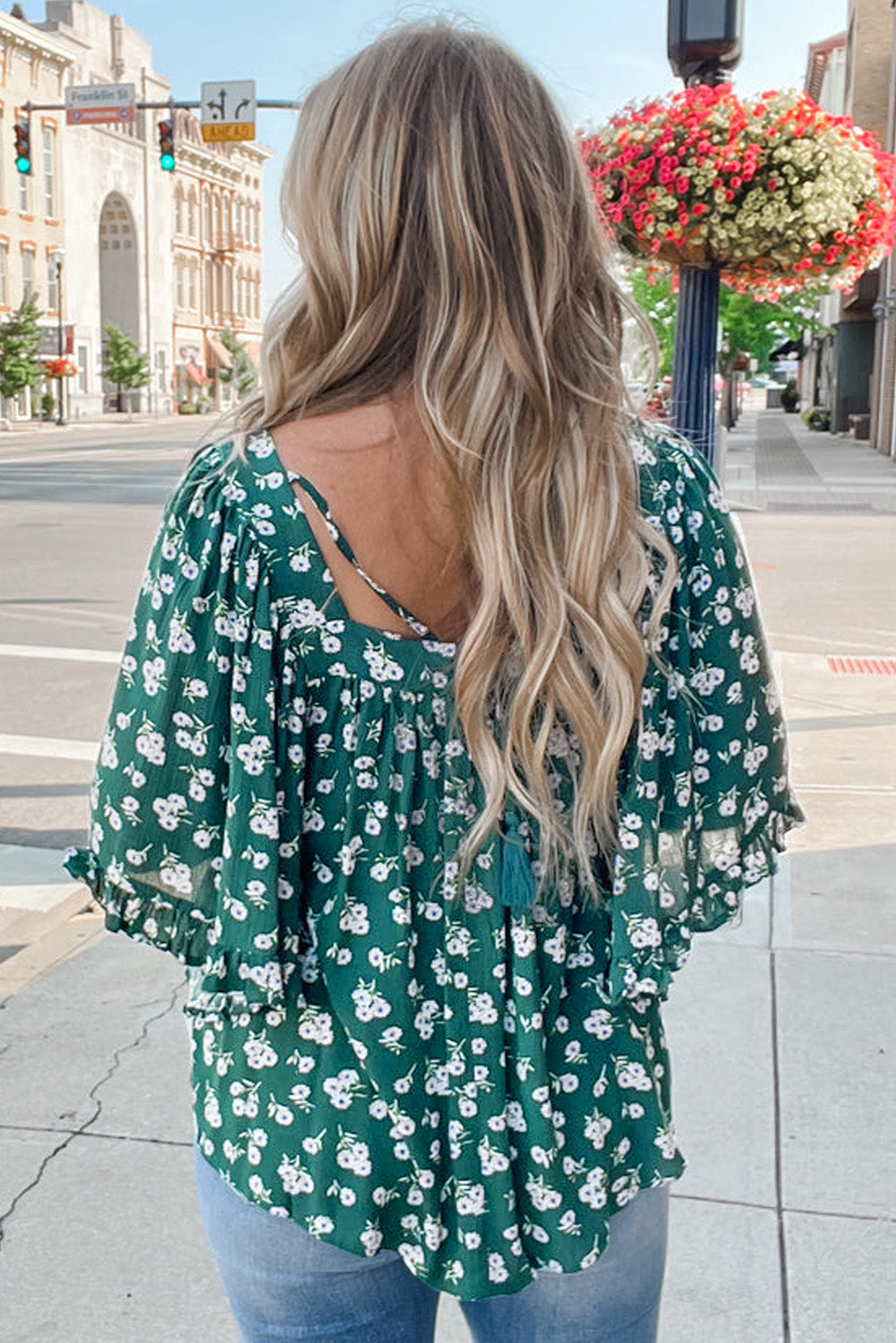 Green Floral Print Square Neck Ruffle Trim Plus Size Blouse