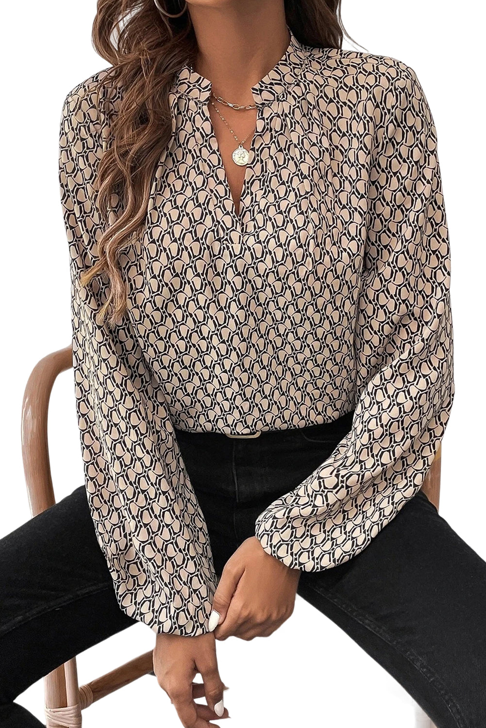 Green Geometric Print Notched Neck Long Sleeve Blouse