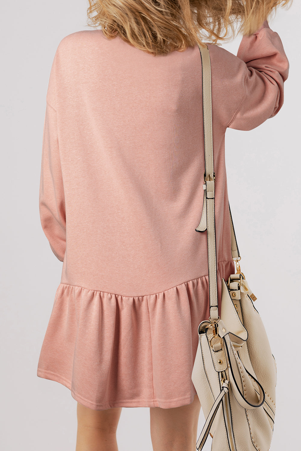 Dusty Pink Shimmer Heart Graphic Long Sleeve Ruffle Hem Dress