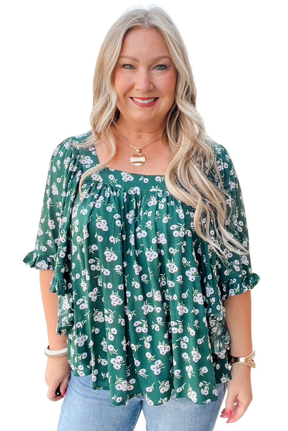 Green Floral Print Square Neck Ruffle Trim Plus Size Blouse