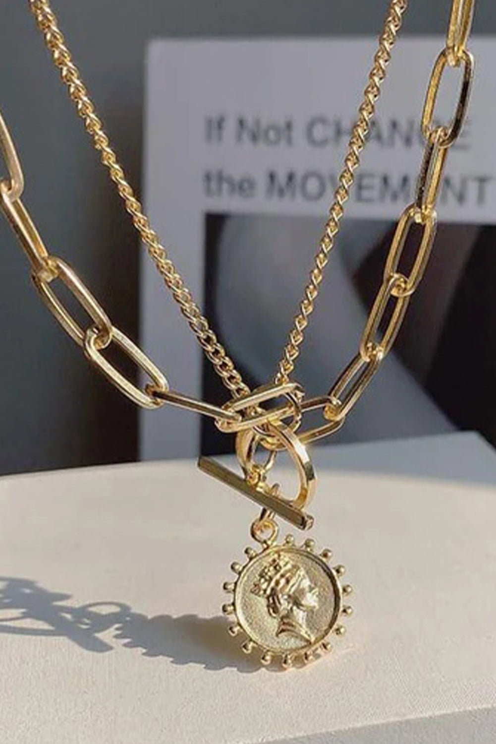 Gold Plated Vintage Carved Coin Pendant Link Chain Necklace