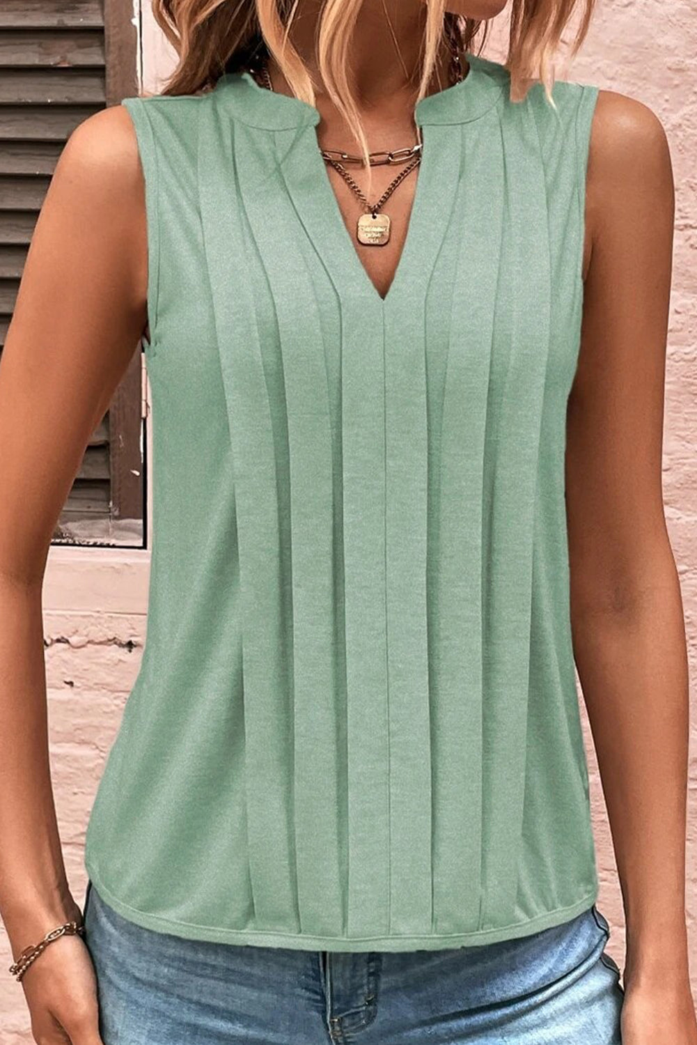 Smoke Green Pleated V Neck Vest