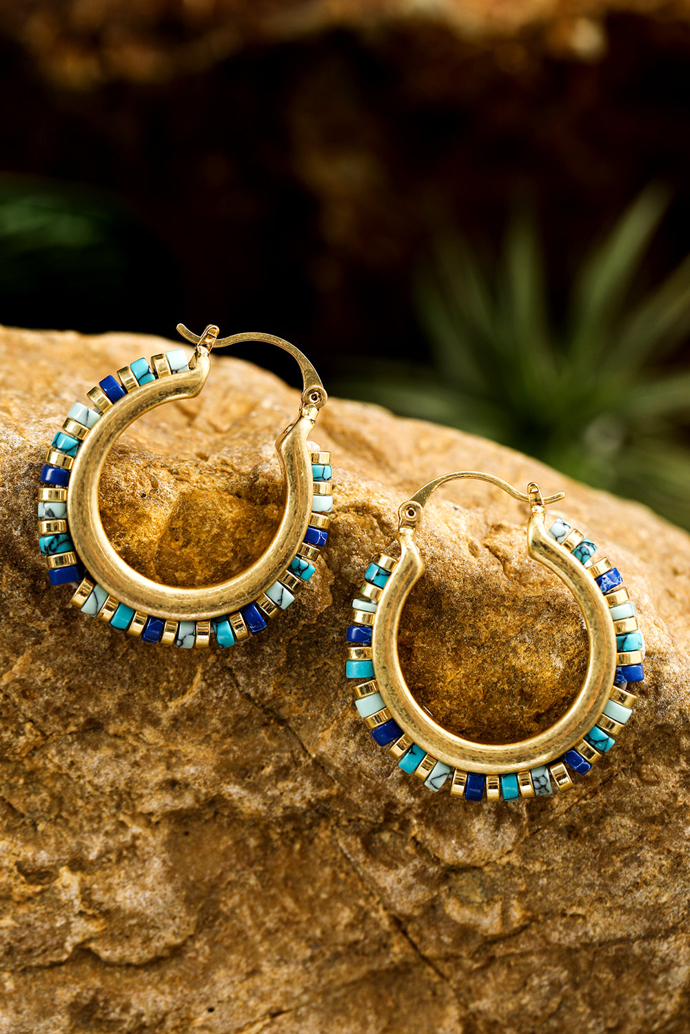 Gold Boho Beaded Turquoise Hoop Earrings